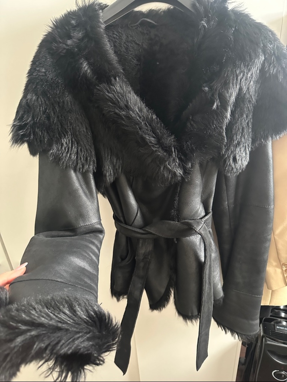 Black Faux Fur-Trim Leather Belted Jacket